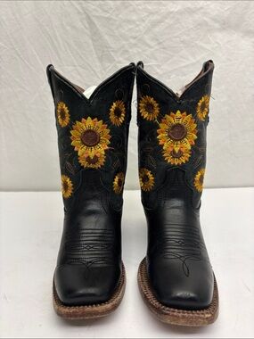 Tanner Mark Black Leather  Boots with Sunflower Embroidery, SZ 10 toddler girl